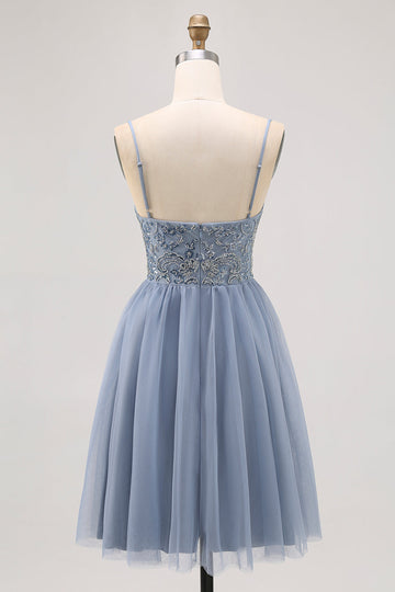 Grey Blue A Line Tulle Homecoming Dress with Beading